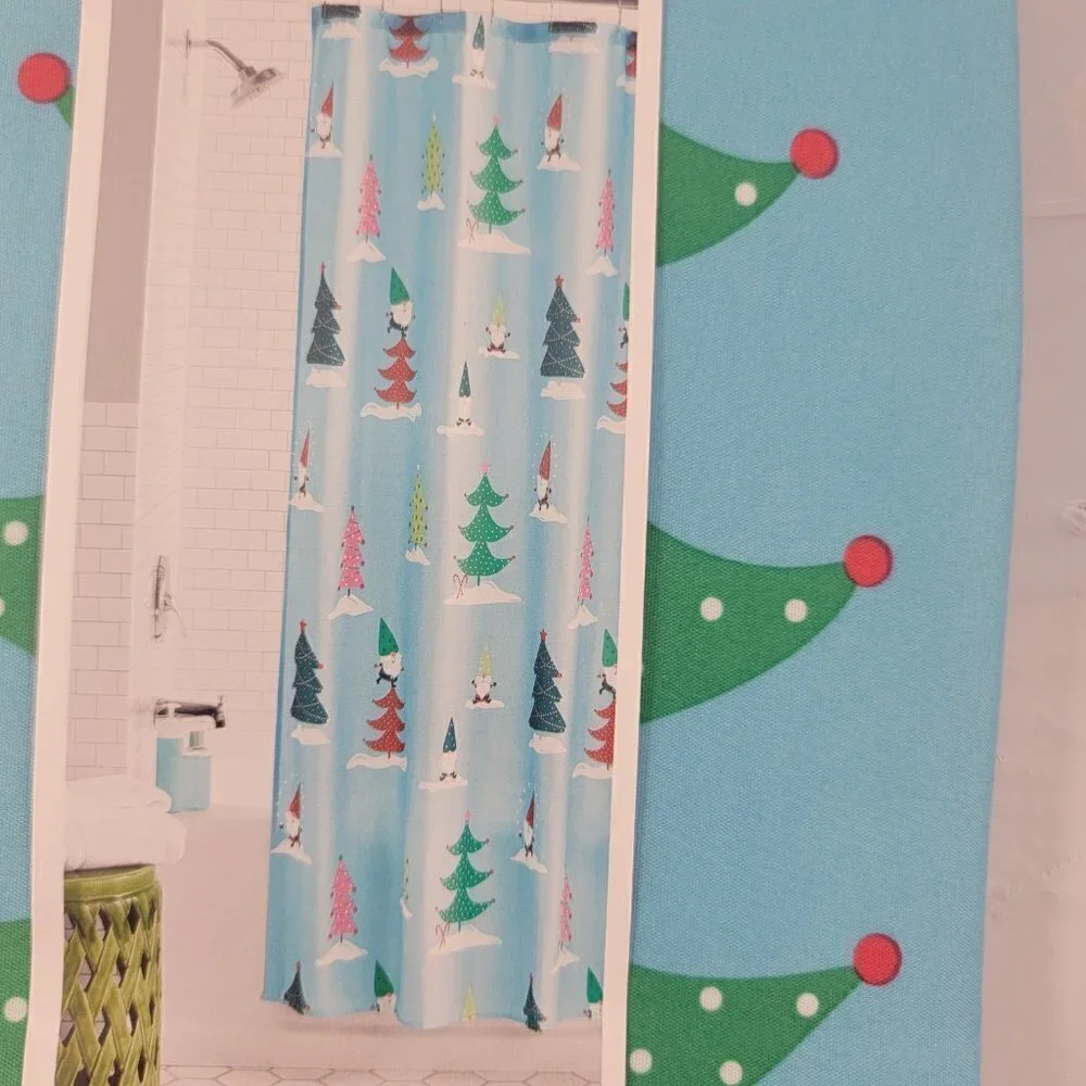 Holiday Time CHRISTMAS TREES AND GNOMES Fabric Shower Curtain – 72” x 72”